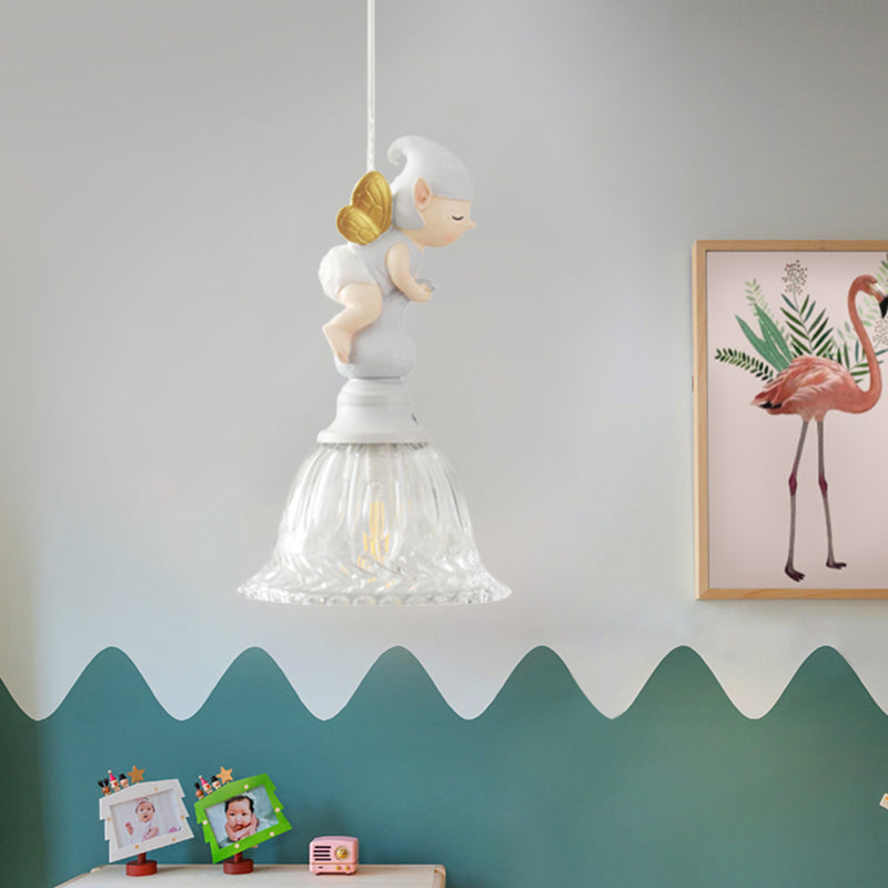 Clear Glass Bell Drop Pendant Cartoon 1 Light White Hanging Light Fixture with Butterfly Fairy Decor Clearhalo 'Ceiling Lights' 'Glass shade' 'Glass' 'Pendant Lights' 'Pendants' Lighting' 886397