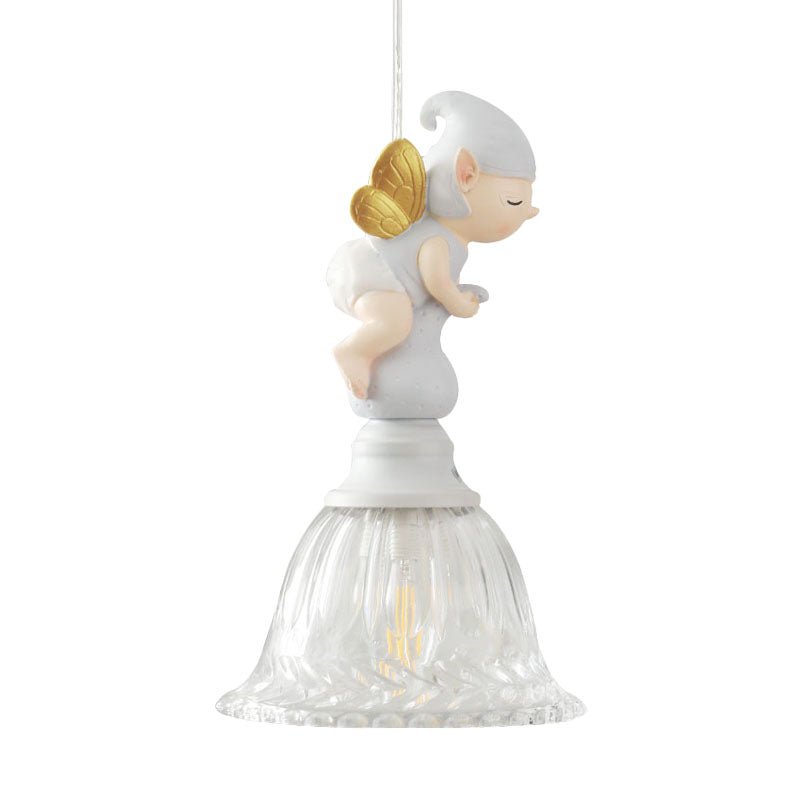 Clear Glass Bell Drop Pendant Cartoon 1 Light White Hanging Light Fixture with Butterfly Fairy Decor Clearhalo 'Ceiling Lights' 'Glass shade' 'Glass' 'Pendant Lights' 'Pendants' Lighting' 886398
