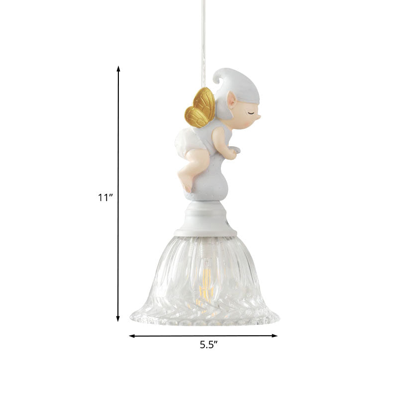 Clear Glass Bell Drop Pendant Cartoon 1 Light White Hanging Light Fixture with Butterfly Fairy Decor Clearhalo 'Ceiling Lights' 'Glass shade' 'Glass' 'Pendant Lights' 'Pendants' Lighting' 886399