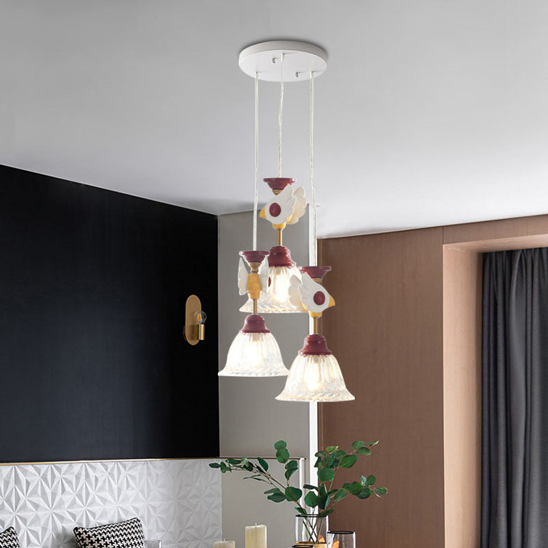 Cartoon Flared Cluster Pendant Clear Glass 3 Lights Bedroom Ceiling Suspension Lamp in Red with Globe/Bird Design Red Bird Clearhalo 'Ceiling Lights' 'Glass shade' 'Glass' 'Pendant Lights' 'Pendants' Lighting' 886409