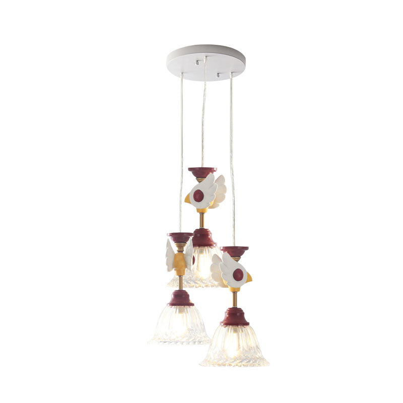 Cartoon Flared Cluster Pendant Clear Glass 3 Lights Bedroom Ceiling Suspension Lamp in Red with Globe/Bird Design Clearhalo 'Ceiling Lights' 'Glass shade' 'Glass' 'Pendant Lights' 'Pendants' Lighting' 886411