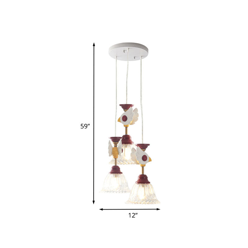 Cartoon Flared Cluster Pendant Clear Glass 3 Lights Bedroom Ceiling Suspension Lamp in Red with Globe/Bird Design Clearhalo 'Ceiling Lights' 'Glass shade' 'Glass' 'Pendant Lights' 'Pendants' Lighting' 886412