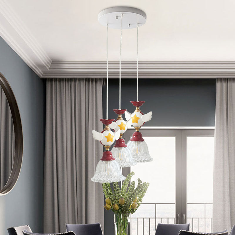 Cartoon Flared Cluster Pendant Clear Glass 3 Lights Bedroom Ceiling Suspension Lamp in Red with Globe/Bird Design Red Globe Clearhalo 'Ceiling Lights' 'Glass shade' 'Glass' 'Pendant Lights' 'Pendants' Lighting' 886413