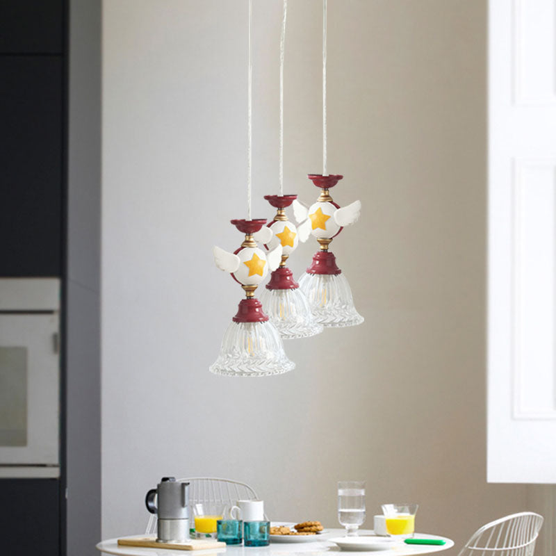 Cartoon Flared Cluster Pendant Clear Glass 3 Lights Bedroom Ceiling Suspension Lamp in Red with Globe/Bird Design Clearhalo 'Ceiling Lights' 'Glass shade' 'Glass' 'Pendant Lights' 'Pendants' Lighting' 886414