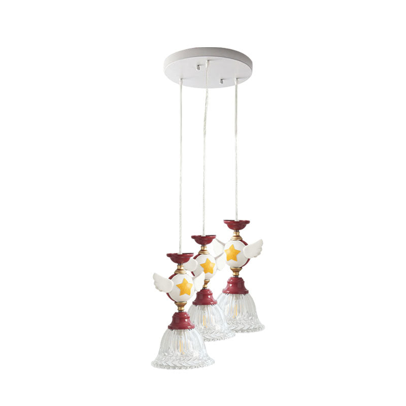 Cartoon Flared Cluster Pendant Clear Glass 3 Lights Bedroom Ceiling Suspension Lamp in Red with Globe/Bird Design Clearhalo 'Ceiling Lights' 'Glass shade' 'Glass' 'Pendant Lights' 'Pendants' Lighting' 886416