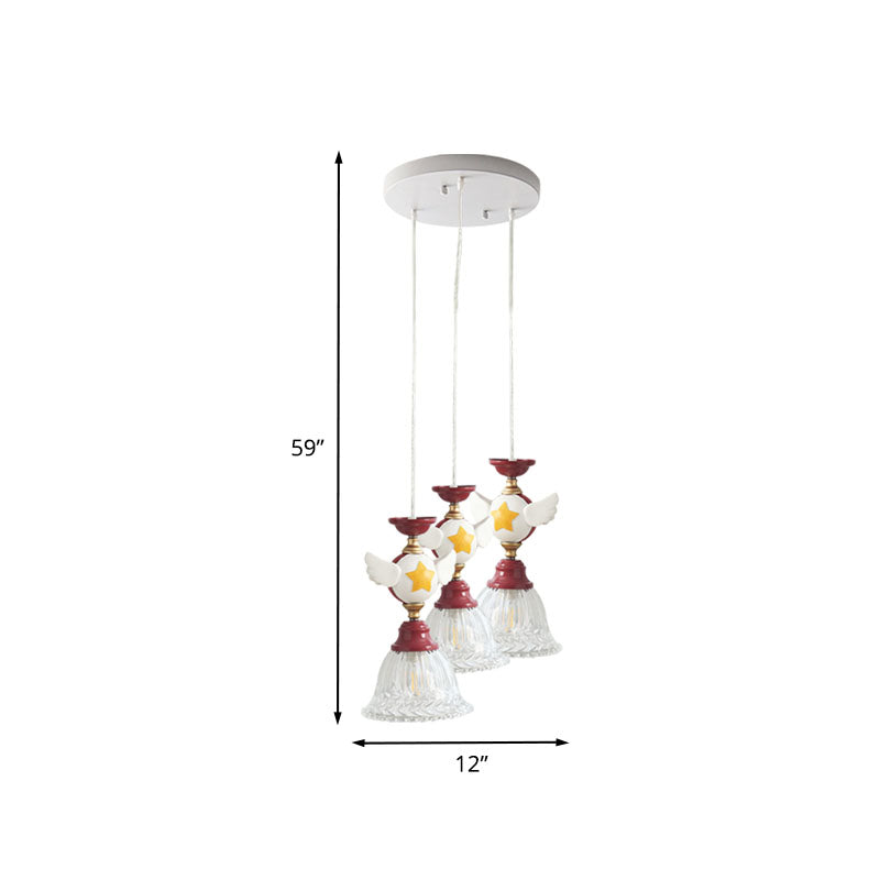 Cartoon Flared Cluster Pendant Clear Glass 3 Lights Bedroom Ceiling Suspension Lamp in Red with Globe/Bird Design Clearhalo 'Ceiling Lights' 'Glass shade' 'Glass' 'Pendant Lights' 'Pendants' Lighting' 886417