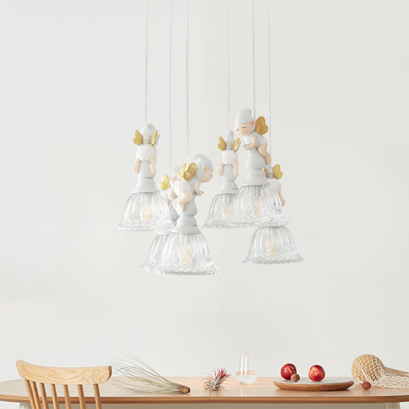 3/6-Head Multi Light Pendant Kids White Hanging Lamp with Flared Clear Glass Shade and Butterfly Fairy Decor 6 White Clearhalo 'Ceiling Lights' 'Pendant Lights' 'Pendants' Lighting' 886422_6f87de8e-073e-49ca-aba1-40ec91ce40dc