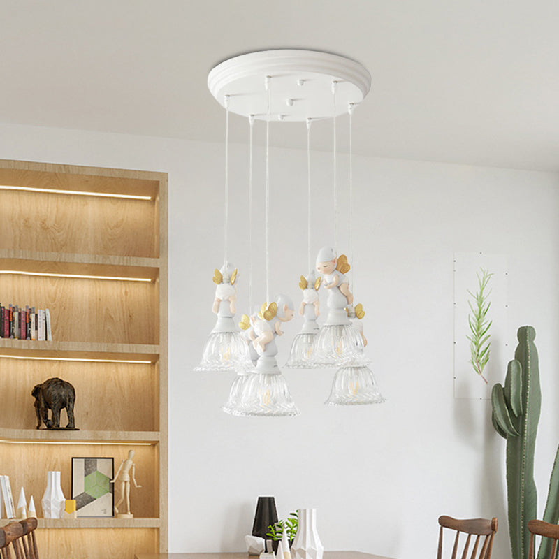 3/6-Head Multi Light Pendant Kids White Hanging Lamp with Flared Clear Glass Shade and Butterfly Fairy Decor Clearhalo 'Ceiling Lights' 'Pendant Lights' 'Pendants' Lighting' 886424