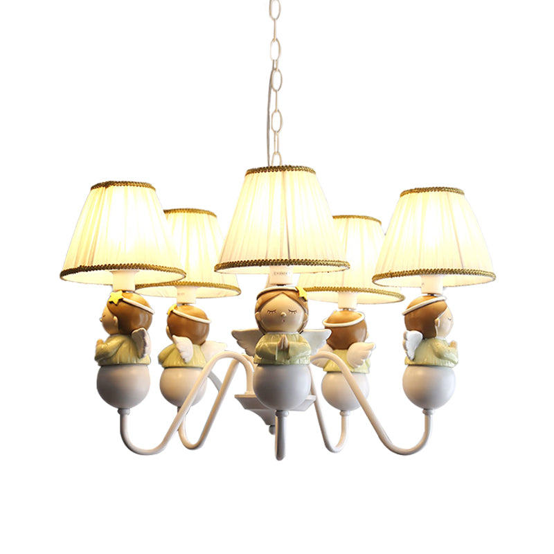 Fabric Conical Hanging Light Cartoon 5 Heads White Chandelier Lamp with Angel Decoration Clearhalo 'Ceiling Lights' 'Chandeliers' Lighting' options 886462