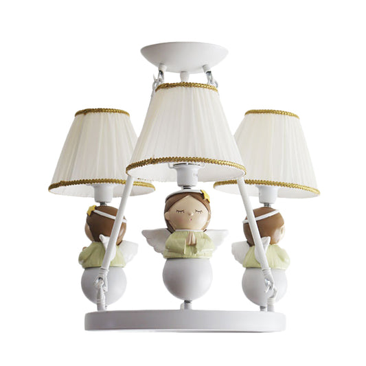 Tapered Suspension Lamp Cartoon Fabric 3 Bulbs Kids Bedroom Chandelier Light in White with Angel Design Clearhalo 'Ceiling Lights' 'Chandeliers' Lighting' options 886464