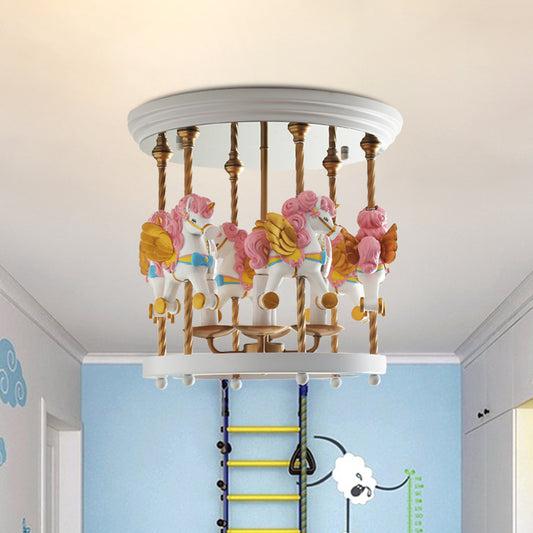 Metal Carousel Semi Flush Cartoon 4-Bulb Red/Pink/Yellow Flush Mount Lighting Fixture for Children Room Pink Clearhalo 'Ceiling Lights' 'Close To Ceiling Lights' 'Close to ceiling' 'Semi-flushmount' Lighting' 886466