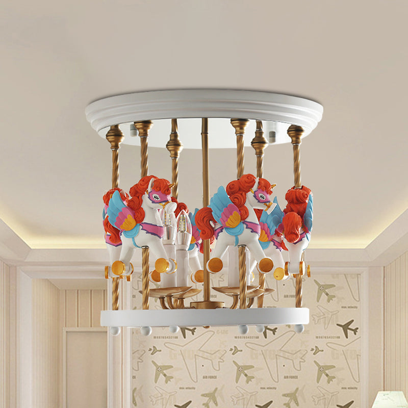 Metal Carousel Semi Flush Cartoon 4-Bulb Red/Pink/Yellow Flush Mount Lighting Fixture for Children Room Red Clearhalo 'Ceiling Lights' 'Close To Ceiling Lights' 'Close to ceiling' 'Semi-flushmount' Lighting' 886478