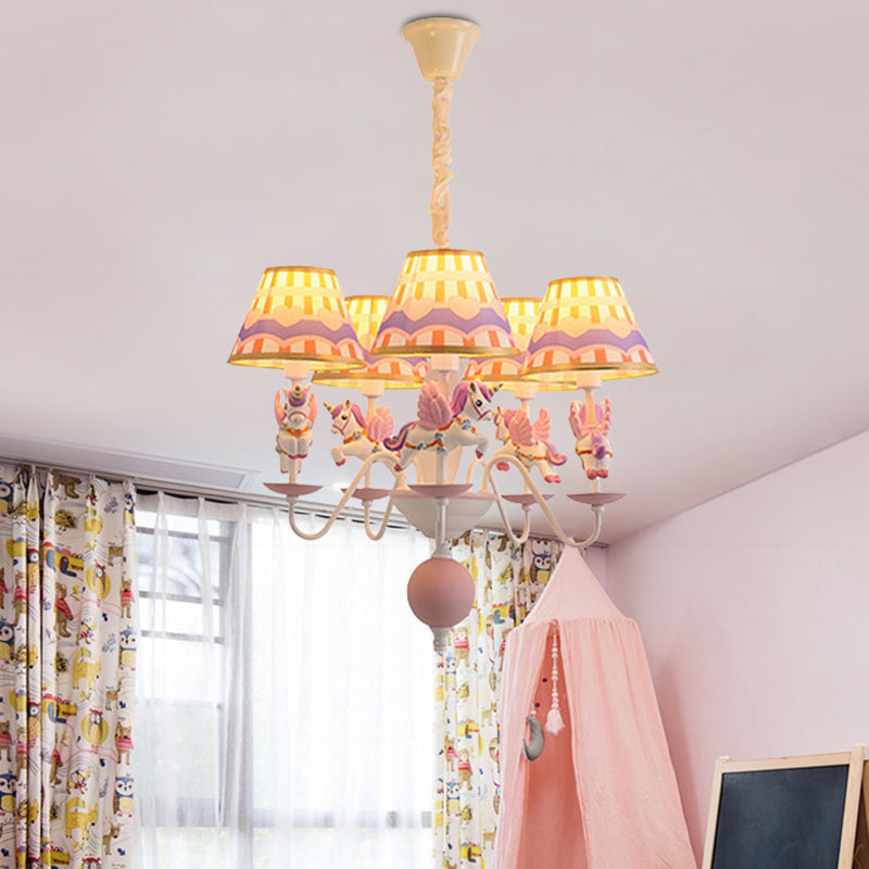 Pink/Blue Tapered Pendant Chandelier Cartoon 5 Lights Fabric Ceiling Light with Unicorn Decoration Clearhalo 'Ceiling Lights' 'Chandeliers' Lighting' options 886483