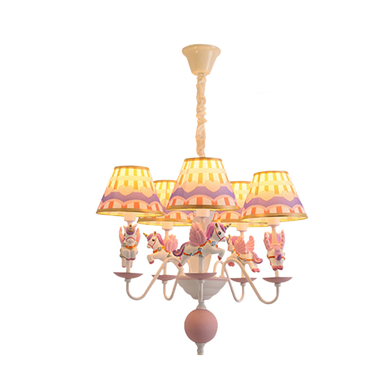 Pink/Blue Tapered Pendant Chandelier Cartoon 5 Lights Fabric Ceiling Light with Unicorn Decoration Clearhalo 'Ceiling Lights' 'Chandeliers' Lighting' options 886484