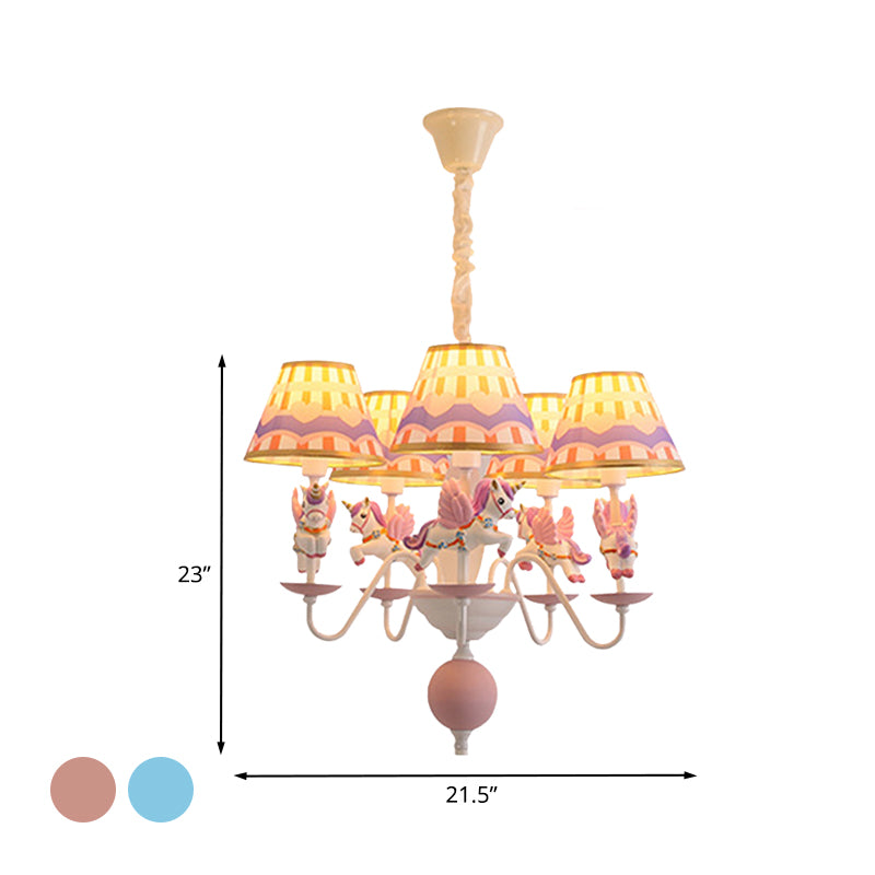 Pink/Blue Tapered Pendant Chandelier Cartoon 5 Lights Fabric Ceiling Light with Unicorn Decoration Clearhalo 'Ceiling Lights' 'Chandeliers' Lighting' options 886485