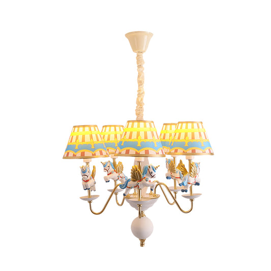 Pink/Blue Tapered Pendant Chandelier Cartoon 5 Lights Fabric Ceiling Light with Unicorn Decoration Clearhalo 'Ceiling Lights' 'Chandeliers' Lighting' options 886488