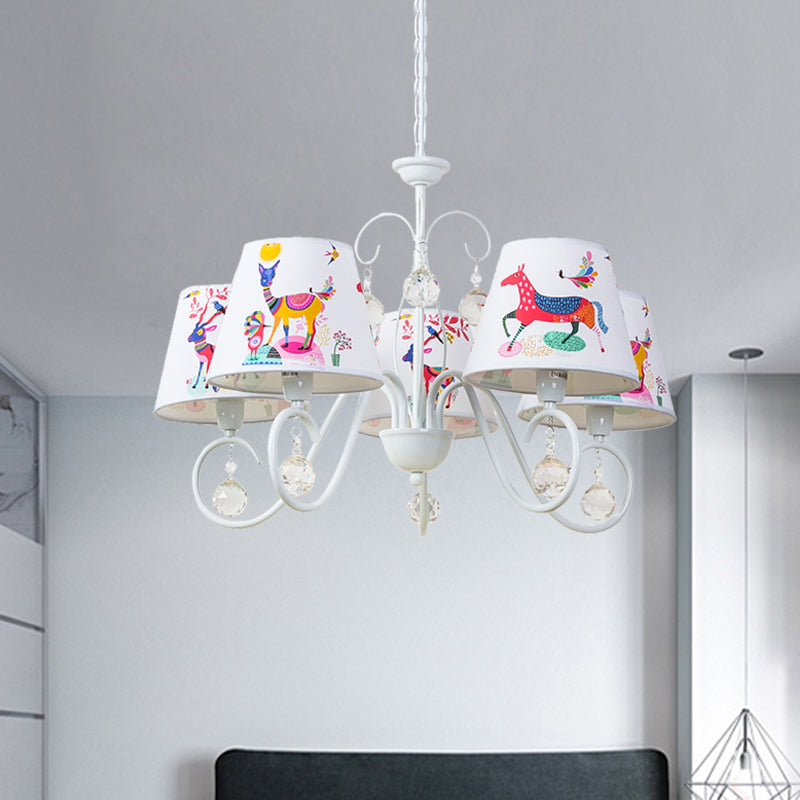 Cone Fabric Suspension Lamp Kids 5 Heads White Pendant Chandelier with Animal Pattern and Crystal Ball Clearhalo 'Ceiling Lights' 'Chandeliers' Lighting' options 886516