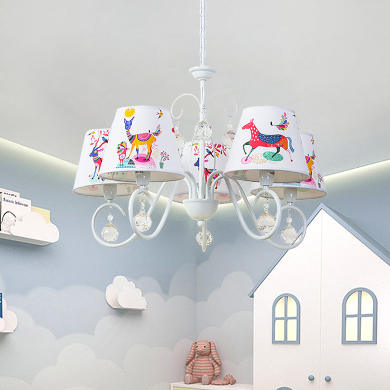 Cone Fabric Suspension Lamp Kids 5 Heads White Pendant Chandelier with Animal Pattern and Crystal Ball Clearhalo 'Ceiling Lights' 'Chandeliers' Lighting' options 886517