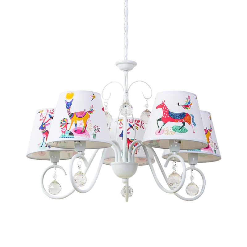 Cone Fabric Suspension Lamp Kids 5 Heads White Pendant Chandelier with Animal Pattern and Crystal Ball Clearhalo 'Ceiling Lights' 'Chandeliers' Lighting' options 886518