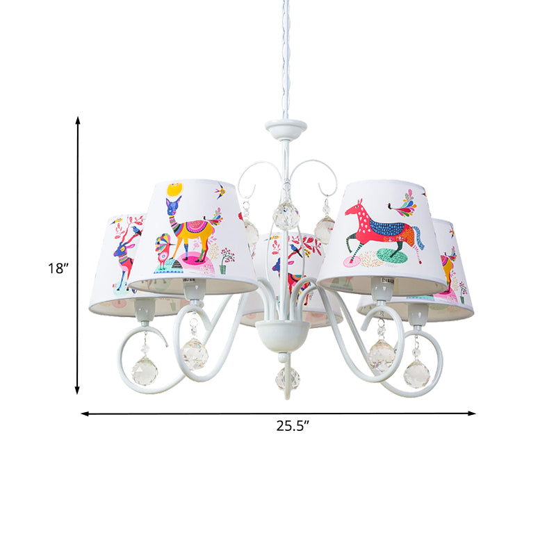 Cone Fabric Suspension Lamp Kids 5 Heads White Pendant Chandelier with Animal Pattern and Crystal Ball Clearhalo 'Ceiling Lights' 'Chandeliers' Lighting' options 886519