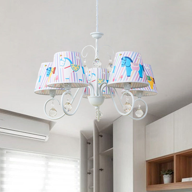 Fabric Tapered Ceiling Pendant Cartoon 5 Lights White Hanging Chandelier with Horse Pattern and Crystal Orb Clearhalo 'Ceiling Lights' 'Chandeliers' Lighting' options 886520