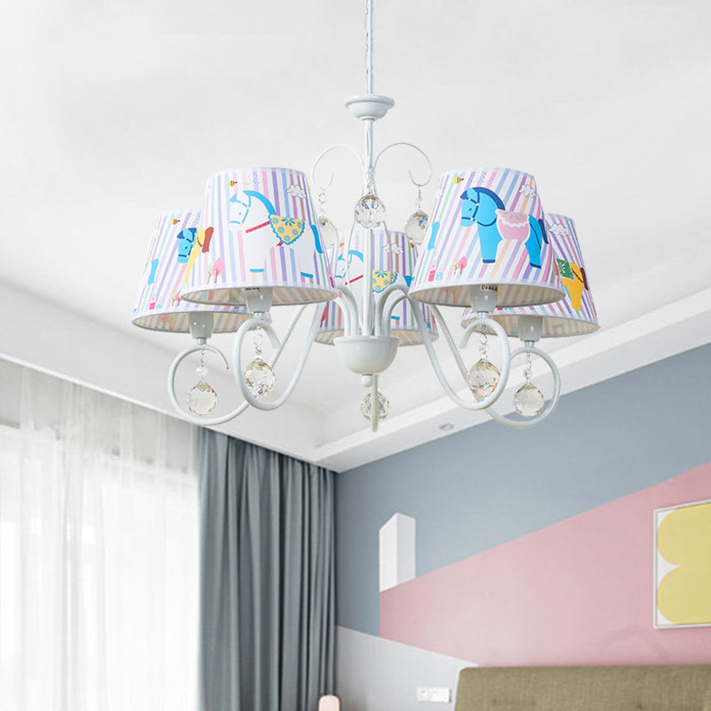 Fabric Tapered Ceiling Pendant Cartoon 5 Lights White Hanging Chandelier with Horse Pattern and Crystal Orb Clearhalo 'Ceiling Lights' 'Chandeliers' Lighting' options 886521