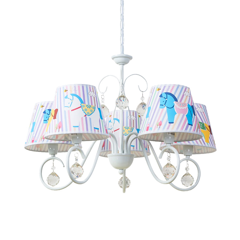 Fabric Tapered Ceiling Pendant Cartoon 5 Lights White Hanging Chandelier with Horse Pattern and Crystal Orb Clearhalo 'Ceiling Lights' 'Chandeliers' Lighting' options 886522