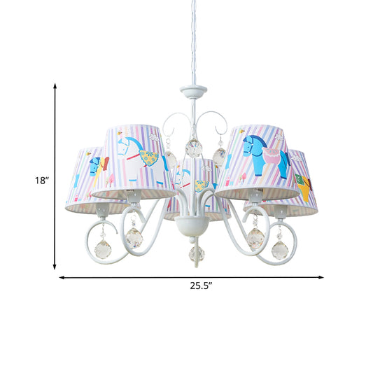 Fabric Tapered Ceiling Pendant Cartoon 5 Lights White Hanging Chandelier with Horse Pattern and Crystal Orb Clearhalo 'Ceiling Lights' 'Chandeliers' Lighting' options 886523