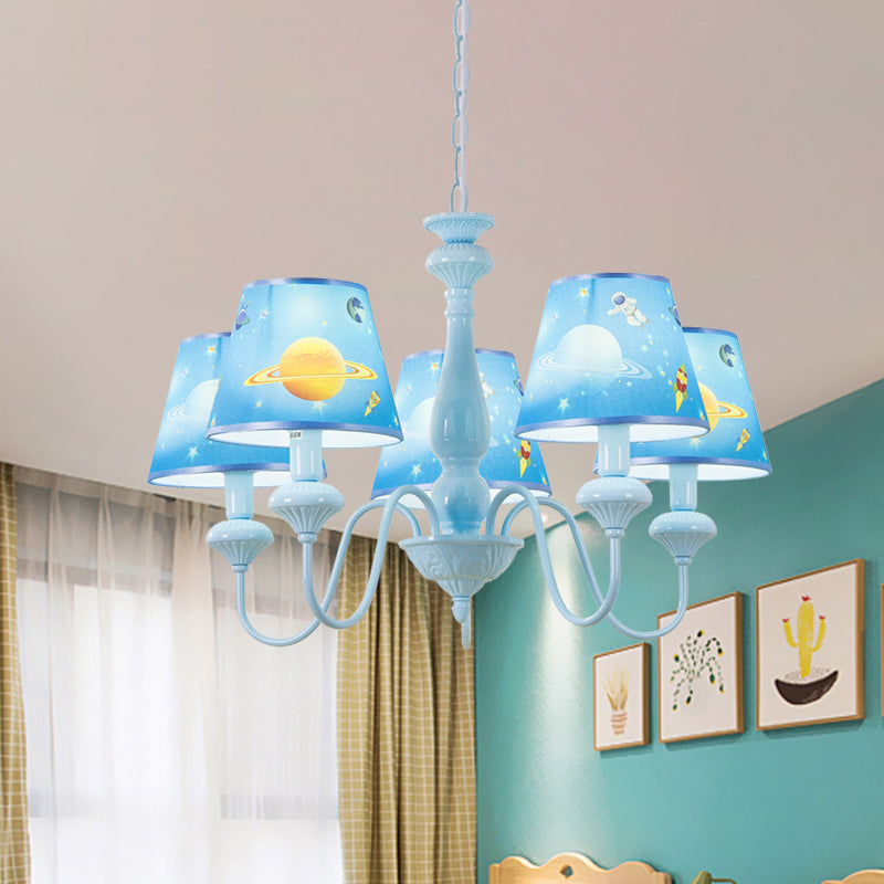 Blue Barrel Chandelier Light Mediterranean 5/6 Bulbs Fabric Ceiling Hang Fixture with Universe Pattern Clearhalo 'Ceiling Lights' 'Chandeliers' Lighting' options 886524