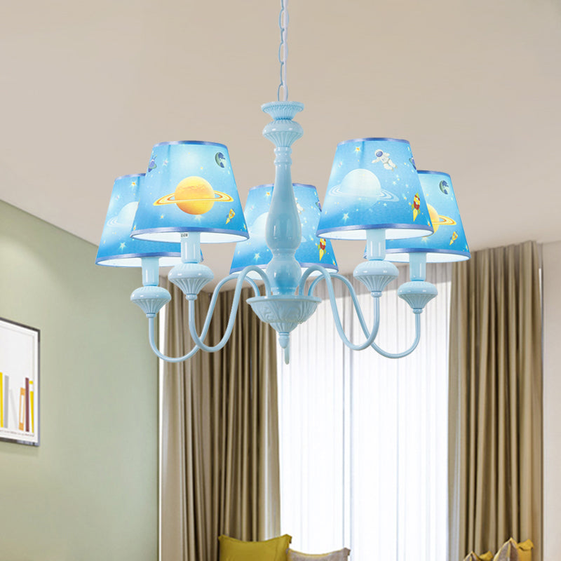 Blue Barrel Chandelier Light Mediterranean 5/6 Bulbs Fabric Ceiling Hang Fixture with Universe Pattern Clearhalo 'Ceiling Lights' 'Chandeliers' Lighting' options 886525