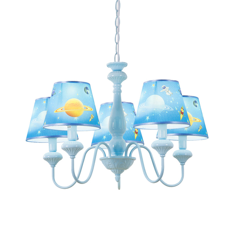 Blue Barrel Chandelier Light Mediterranean 5/6 Bulbs Fabric Ceiling Hang Fixture with Universe Pattern Clearhalo 'Ceiling Lights' 'Chandeliers' Lighting' options 886526