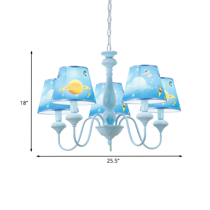 Blue Barrel Chandelier Light Mediterranean 5/6 Bulbs Fabric Ceiling Hang Fixture with Universe Pattern Clearhalo 'Ceiling Lights' 'Chandeliers' Lighting' options 886527