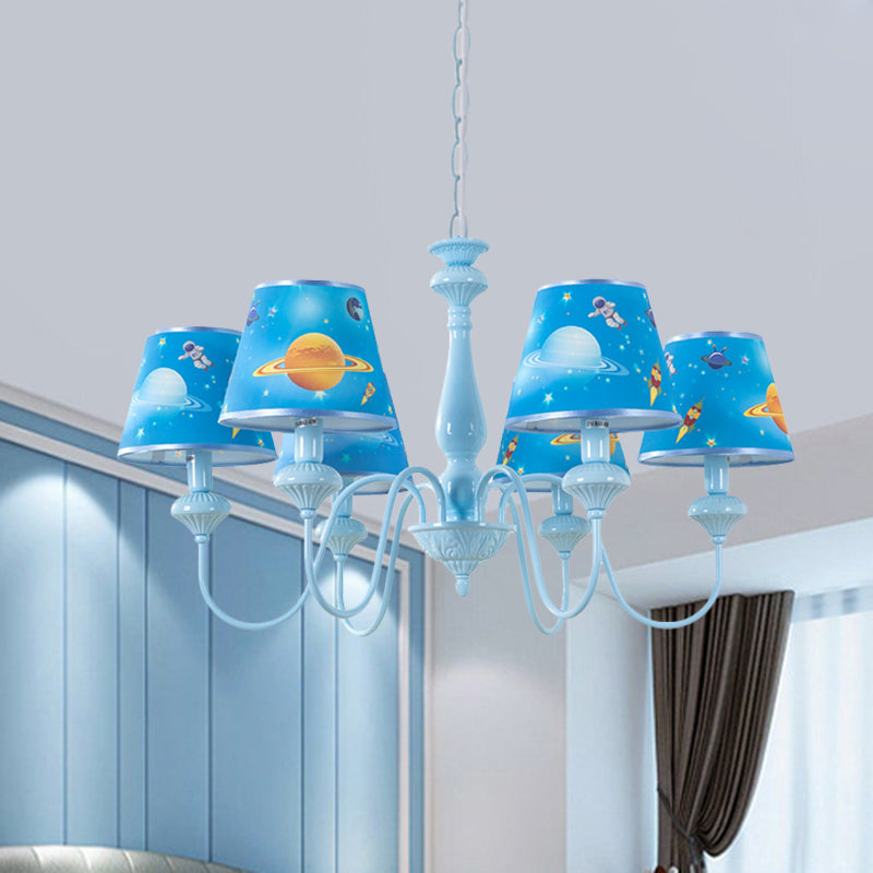 Blue Barrel Chandelier Light Mediterranean 5/6 Bulbs Fabric Ceiling Hang Fixture with Universe Pattern 6 Blue Clearhalo 'Ceiling Lights' 'Chandeliers' Lighting' options 886528_28e0dce3-0413-4421-aa6e-ccb2f843d028