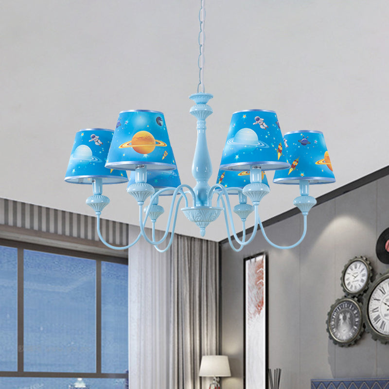 Blue Barrel Chandelier Light Mediterranean 5/6 Bulbs Fabric Ceiling Hang Fixture with Universe Pattern Clearhalo 'Ceiling Lights' 'Chandeliers' Lighting' options 886529