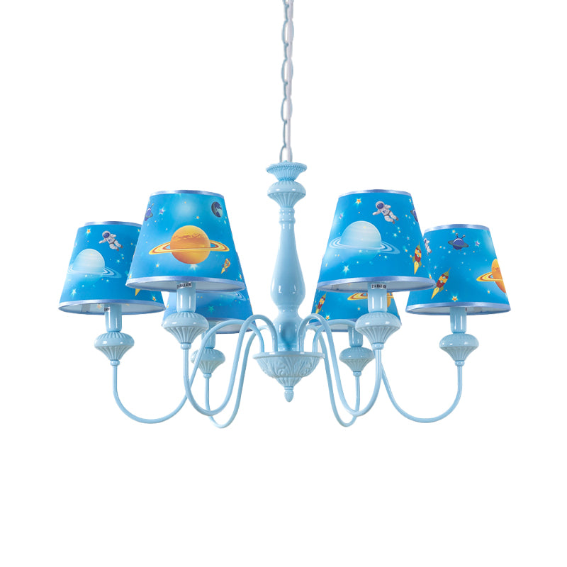 Blue Barrel Chandelier Light Mediterranean 5/6 Bulbs Fabric Ceiling Hang Fixture with Universe Pattern Clearhalo 'Ceiling Lights' 'Chandeliers' Lighting' options 886531