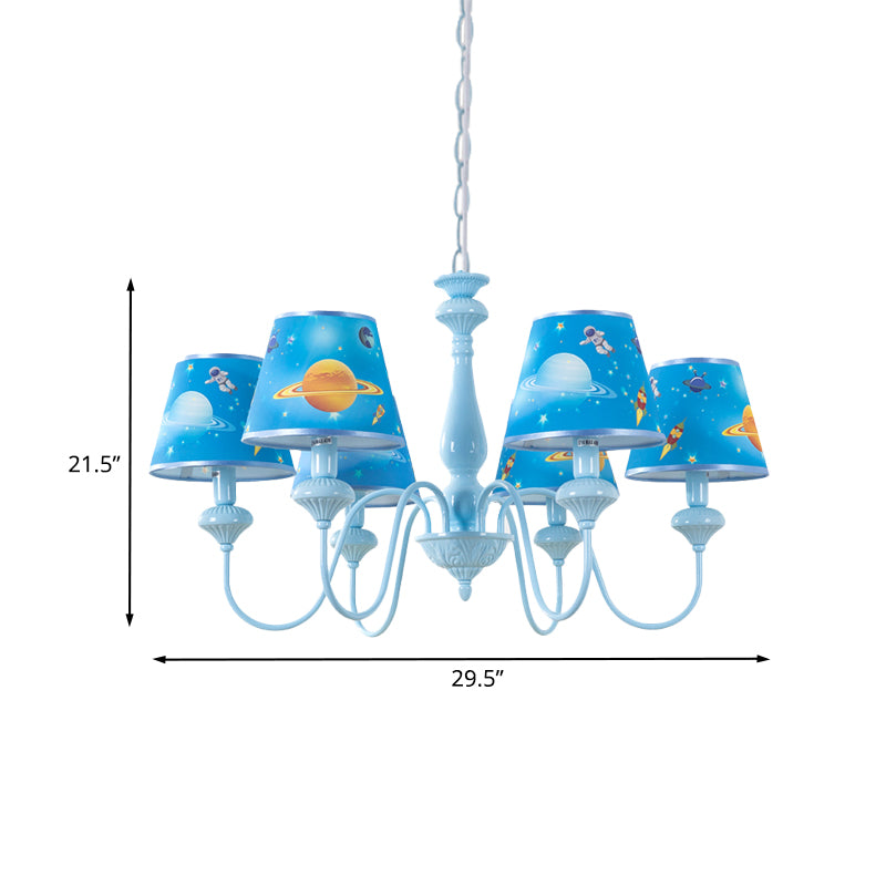 Blue Barrel Chandelier Light Mediterranean 5/6 Bulbs Fabric Ceiling Hang Fixture with Universe Pattern Clearhalo 'Ceiling Lights' 'Chandeliers' Lighting' options 886532