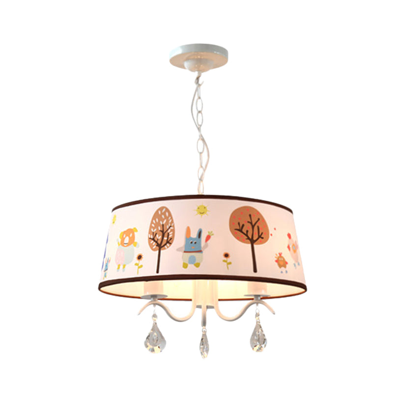 Cartoon 3/5 Heads Chandelier White Drum Pendant with Forest Pattern Fabric Shade and Crystal Drop Clearhalo 'Ceiling Lights' 'Chandeliers' Lighting' options 886534