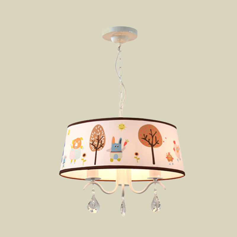 Cartoon 3/5 Heads Chandelier White Drum Pendant with Forest Pattern Fabric Shade and Crystal Drop Clearhalo 'Ceiling Lights' 'Chandeliers' Lighting' options 886535