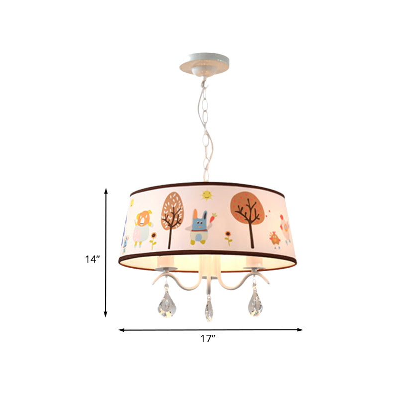 Cartoon 3/5 Heads Chandelier White Drum Pendant with Forest Pattern Fabric Shade and Crystal Drop Clearhalo 'Ceiling Lights' 'Chandeliers' Lighting' options 886536