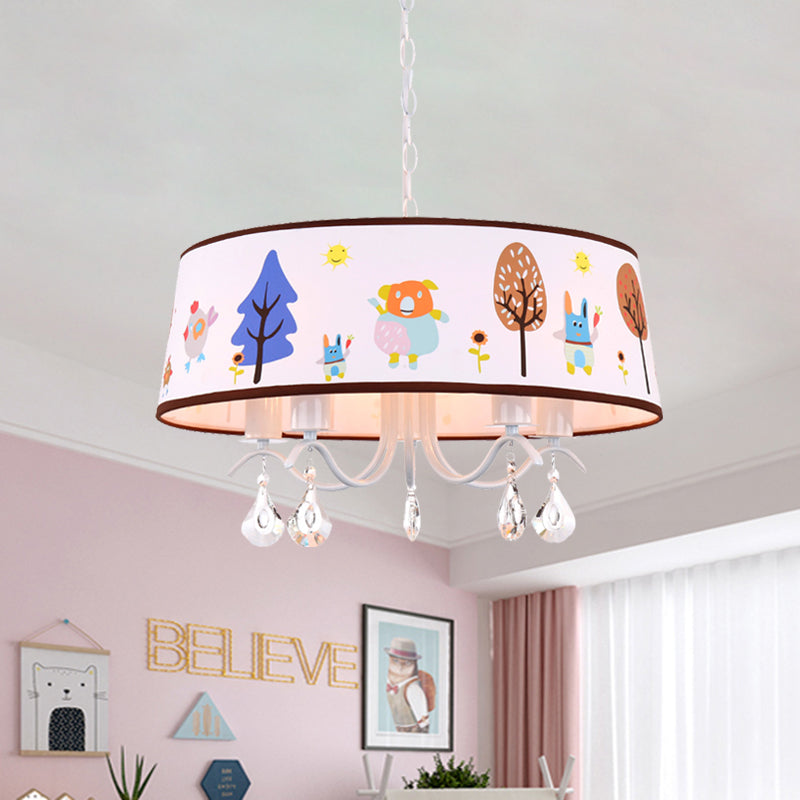 Cartoon 3/5 Heads Chandelier White Drum Pendant with Forest Pattern Fabric Shade and Crystal Drop Clearhalo 'Ceiling Lights' 'Chandeliers' Lighting' options 886537