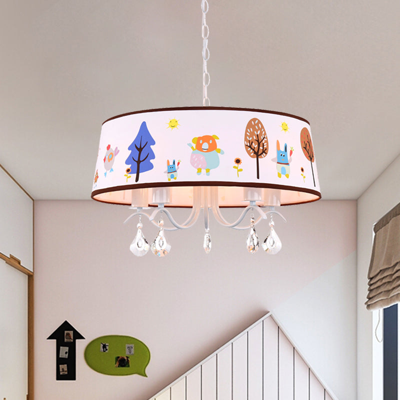 Cartoon 3/5 Heads Chandelier White Drum Pendant with Forest Pattern Fabric Shade and Crystal Drop Clearhalo 'Ceiling Lights' 'Chandeliers' Lighting' options 886538