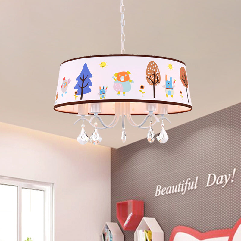 Cartoon 3/5 Heads Chandelier White Drum Pendant with Forest Pattern Fabric Shade and Crystal Drop Clearhalo 'Ceiling Lights' 'Chandeliers' Lighting' options 886539