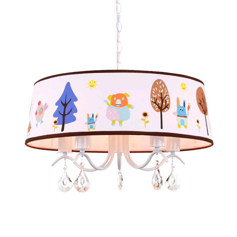 Cartoon 3/5 Heads Chandelier White Drum Pendant with Forest Pattern Fabric Shade and Crystal Drop Clearhalo 'Ceiling Lights' 'Chandeliers' Lighting' options 886540