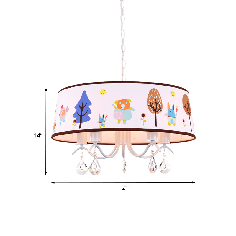 Cartoon 3/5 Heads Chandelier White Drum Pendant with Forest Pattern Fabric Shade and Crystal Drop Clearhalo 'Ceiling Lights' 'Chandeliers' Lighting' options 886541