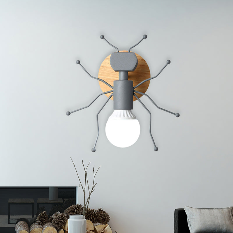 Ant Metal Sconce Wall Light Nordic 1 Bulb Grey/White/Green Wall Lighting Fixture with Wood Backplate Grey Clearhalo 'Wall Lamps & Sconces' 'Wall Lights' Lighting' 886542