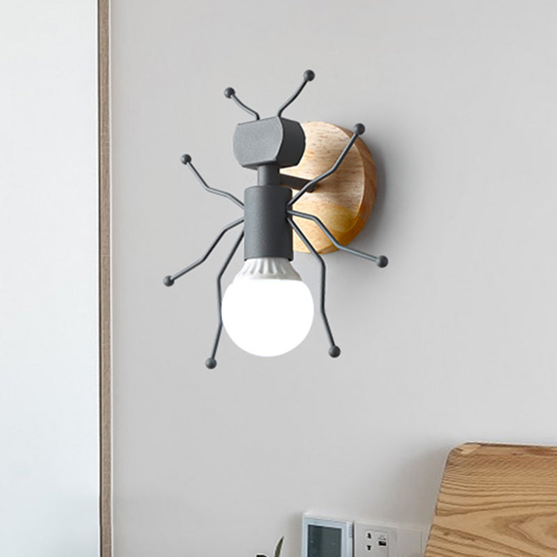 Ant Metal Sconce Wall Light Nordic 1 Bulb Grey/White/Green Wall Lighting Fixture with Wood Backplate Clearhalo 'Wall Lamps & Sconces' 'Wall Lights' Lighting' 886543