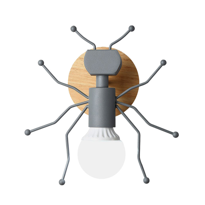 Ant Metal Sconce Wall Light Nordic 1 Bulb Grey/White/Green Wall Lighting Fixture with Wood Backplate Clearhalo 'Wall Lamps & Sconces' 'Wall Lights' Lighting' 886544