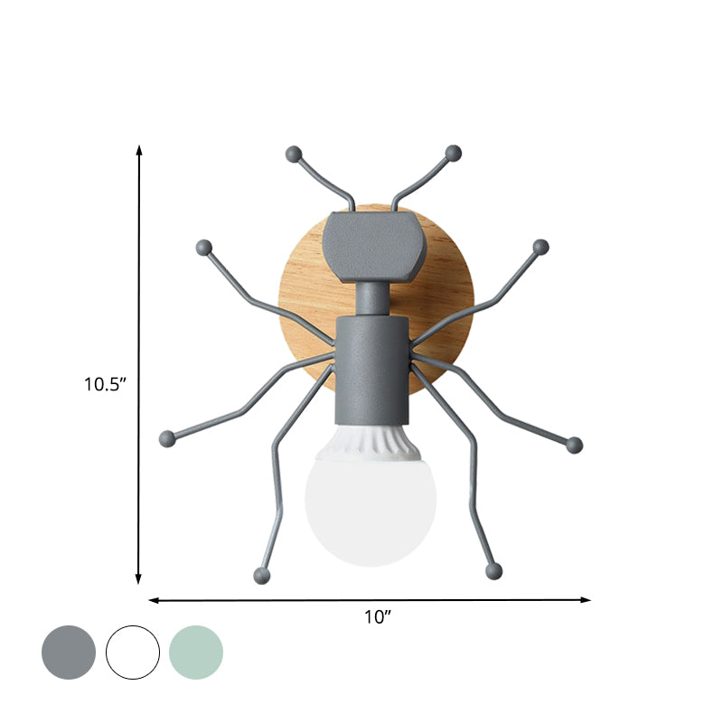 Ant Metal Sconce Wall Light Nordic 1 Bulb Grey/White/Green Wall Lighting Fixture with Wood Backplate Clearhalo 'Wall Lamps & Sconces' 'Wall Lights' Lighting' 886545