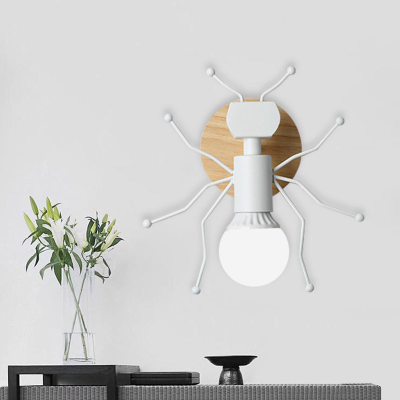 Ant Metal Sconce Wall Light Nordic 1 Bulb Grey/White/Green Wall Lighting Fixture with Wood Backplate White Clearhalo 'Wall Lamps & Sconces' 'Wall Lights' Lighting' 886546