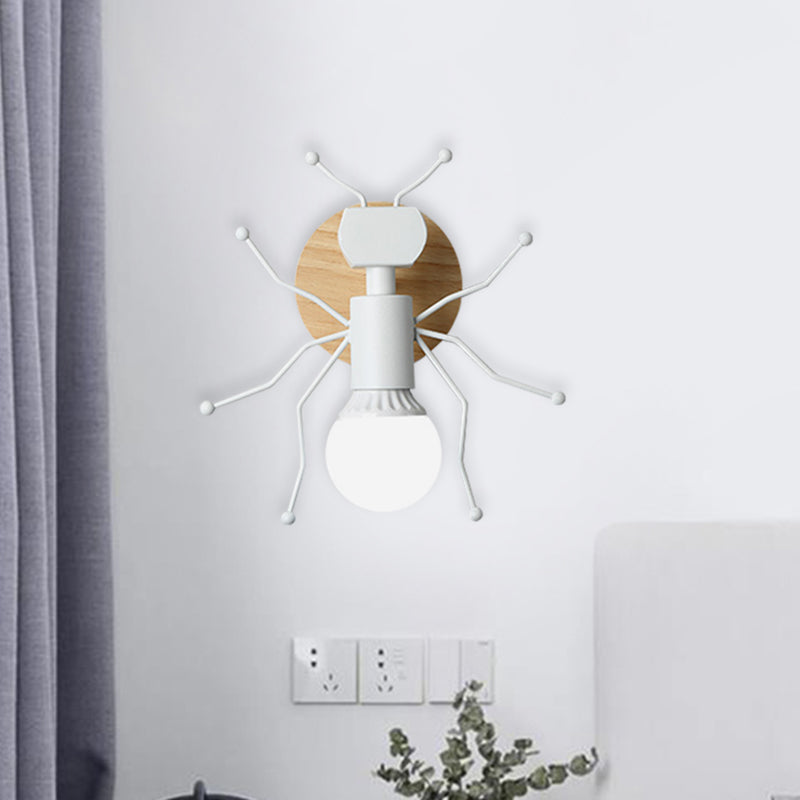 Ant Metal Sconce Wall Light Nordic 1 Bulb Grey/White/Green Wall Lighting Fixture with Wood Backplate Clearhalo 'Wall Lamps & Sconces' 'Wall Lights' Lighting' 886548